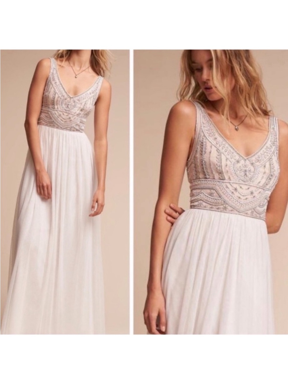 BHLDN Sterling Beaded Bodice Ivory Tulle Dress Size 4 NWOT
Ivory Beaded V-Neck